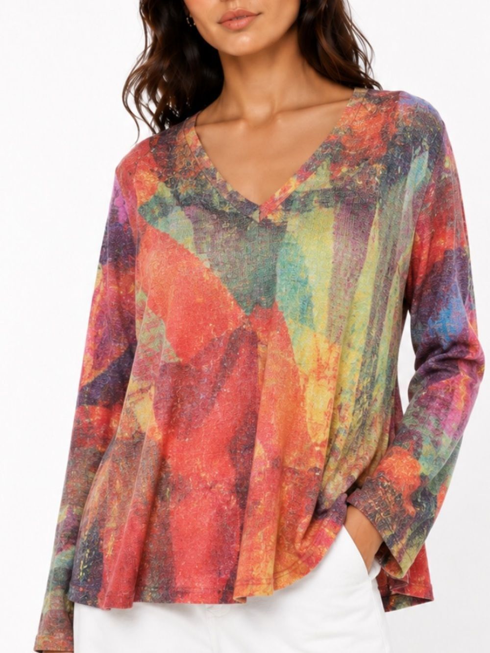 SOFT SURROUNDINGS Multicolor V-Neck Long Sleeve Top Size P/M